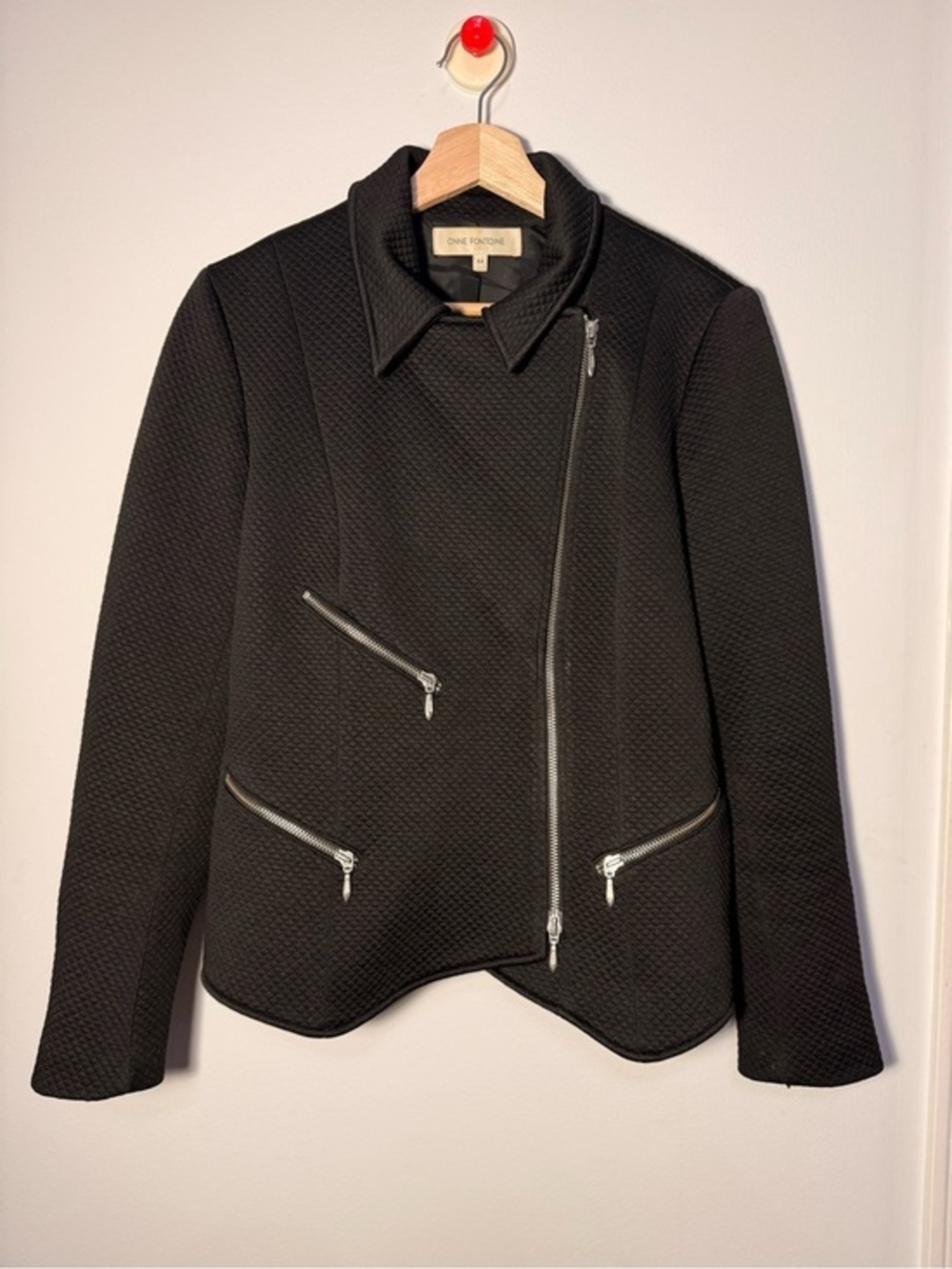 Anne Fontaine Black Quilted Asymmetrical Zippered Jacket size 44